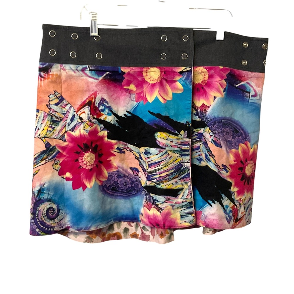 Sandra Maria Reversible Wrap Skirt Floral Artist Print Denim Waist Mini SZ L/XL - Picture 6 of 7